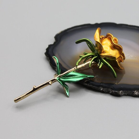Jewelry pin brooch rose flower love romantic gold tone yellow green elegant new - Picture 2 of 11